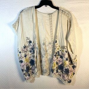 Francesca Bettini OS One Size 100% Linen Open Vest Kimono Beige Floral Crochet
